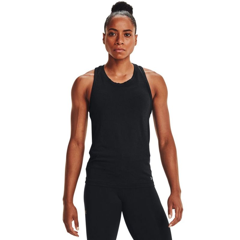 Camiseta-Manga-Sisa-under-armour-para-mujer-Ua-Seamless-Run-Tank-para-correr-color-negro.-Frente-Sobre-Modelo