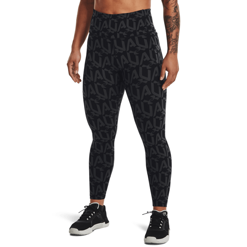 Licra-under-armour-para-mujer-Meridian-Print-Ankle-Leg-para-entrenamiento-color-negro.-Frente-Sobre-Modelo
