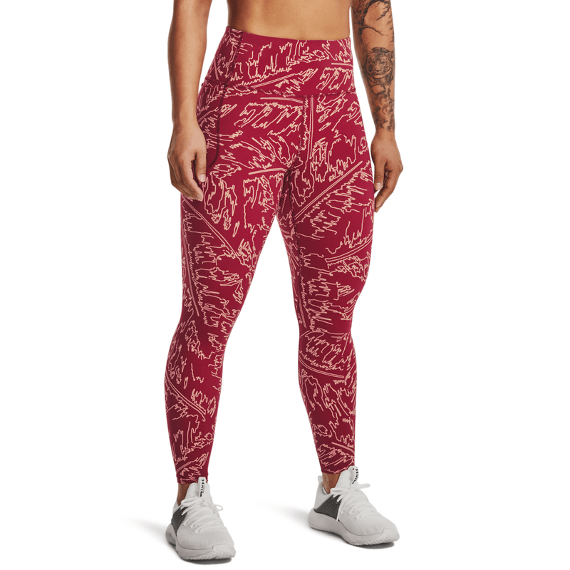 Licra-under-armour-para-mujer-Meridian-Print-Ankle-Leg-para-entrenamiento-color-rosado.-Frente-Sobre-Modelo