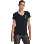 Camiseta-Manga-Corta-under-armour-para-mujer-Tech-Solid-Lc-Crest-Ssv-para-entrenamiento-color-negro.-Frente-Sobre-Modelo