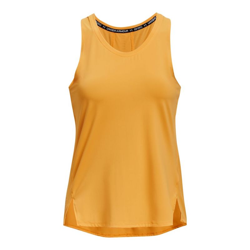 Camiseta-Manga-Sisa-under-armour-para-mujer-Ua--Isochill-Run-Laser-Tank-para-correr-color-amarillo.-Frente-Sin-Modelo