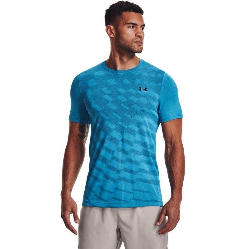 Camiseta-Manga-Corta-under-armour-para-hombre-Ua-Seamless-Radial-Ss-para-entrenamiento-color-azul.-Frente-Sobre-Modelo