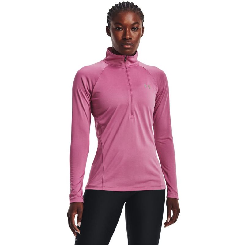 Camiseta-Manga-Larga-under-armour-para-mujer-Tech-1-2-Zip---Solid-para-entrenamiento-color-rosado.-Frente-Sobre-Modelo