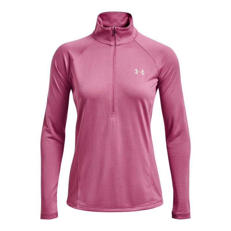 Camiseta-Manga-Larga-under-armour-para-mujer-Tech-1-2-Zip---Solid-para-entrenamiento-color-rosado.-Frente-Sin-Modelo