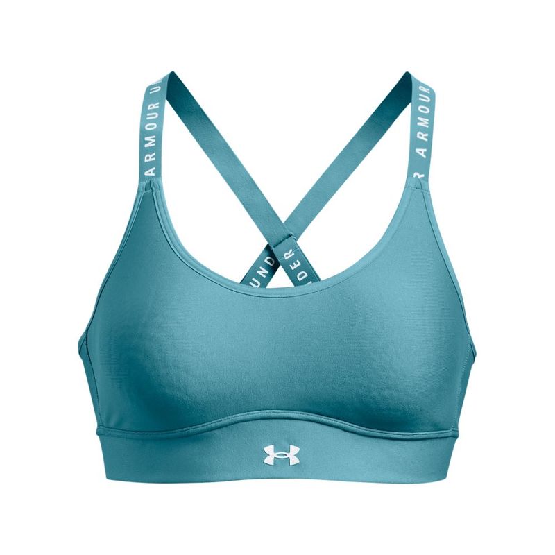 Top-under-armour-para-mujer-Ua-Infinity-Mid-Covered-para-entrenamiento-color-azul.-Frente-Sin-Modelo