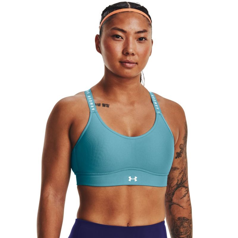 Top-under-armour-para-mujer-Ua-Infinity-Mid-Covered-para-entrenamiento-color-azul.-Cuello