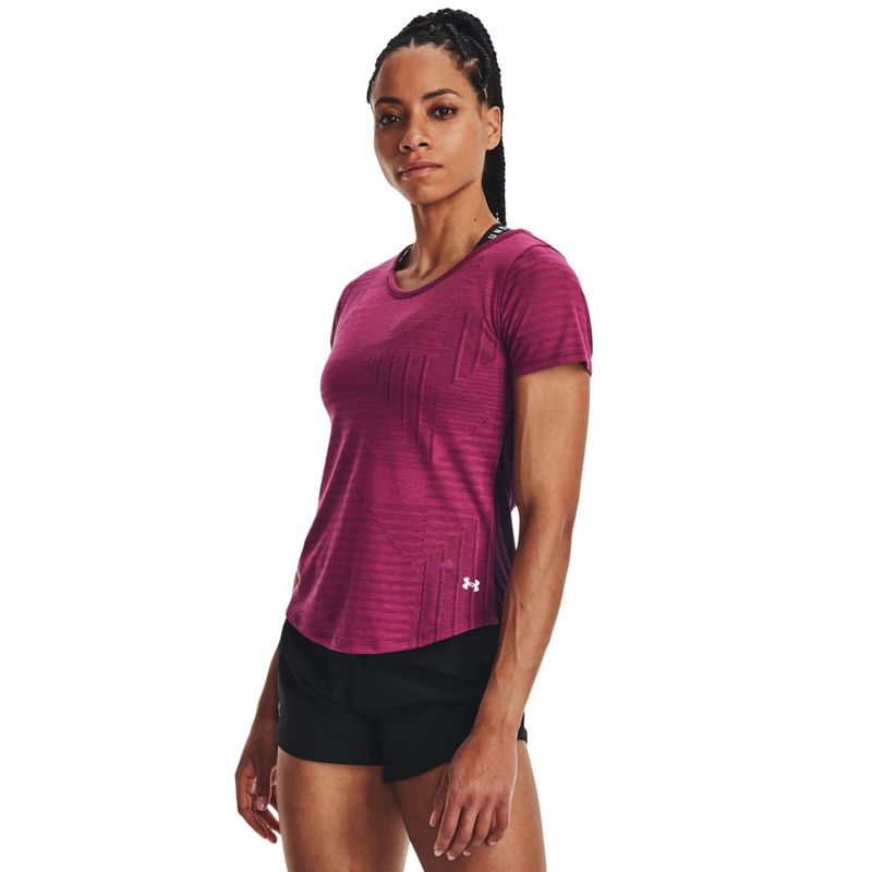 Camiseta-Manga-Corta-under-armour-para-mujer-Streaker-Deco-Diamond-Ss-para-correr-color-rojo.-Frente-Sobre-Modelo