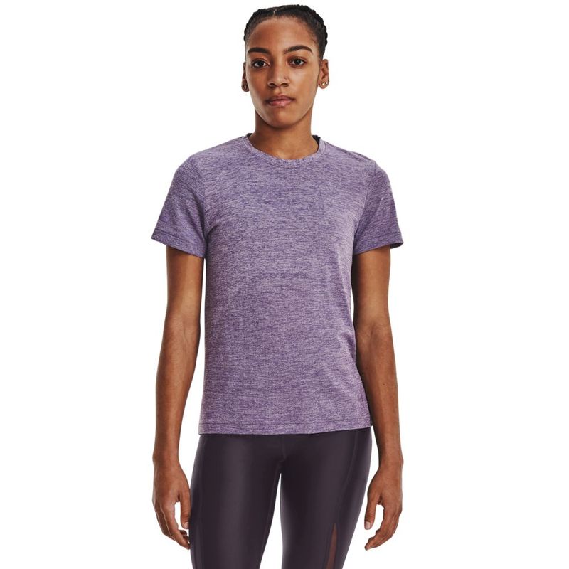 Camiseta-Manga-Corta-under-armour-para-mujer-Ua-Seamless-Stride-Ss-para-correr-color-morado.-Frente-Sobre-Modelo
