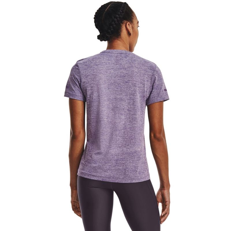 Camiseta-Manga-Corta-under-armour-para-mujer-Ua-Seamless-Stride-Ss-para-correr-color-morado.-Reverso-Sobre-Modelo