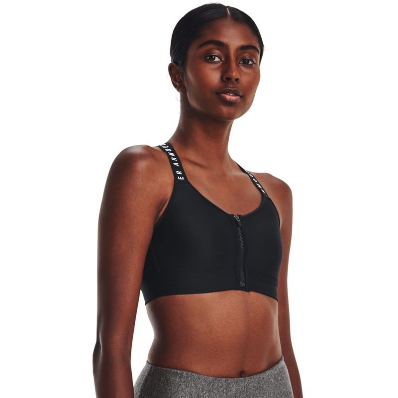 Top-under-armour-para-mujer-Ua-Infinity-High-Bra-Zip-para-entrenamiento-color-negro.-Frente-Sobre-Modelo
