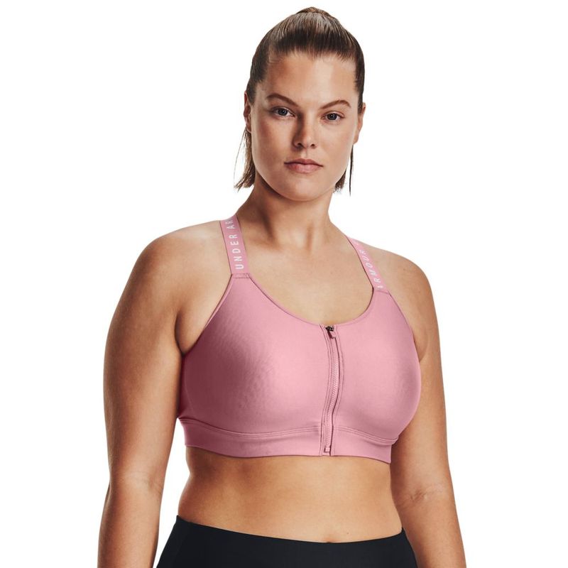 Top-under-armour-para-mujer-Ua-Infinity-High-Bra-Zip-para-entrenamiento-color-rosado.-Frente-Sobre-Modelo
