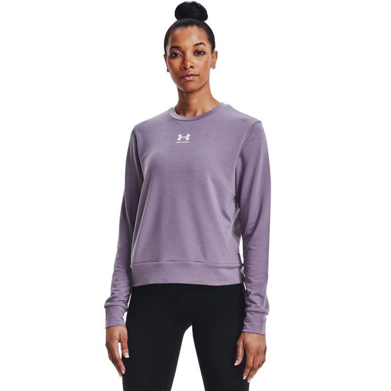 Camiseta-Manga-Larga-under-armour-para-mujer-Rival-Terry-Crew-para-entrenamiento-color-morado.-Frente-Sobre-Modelo