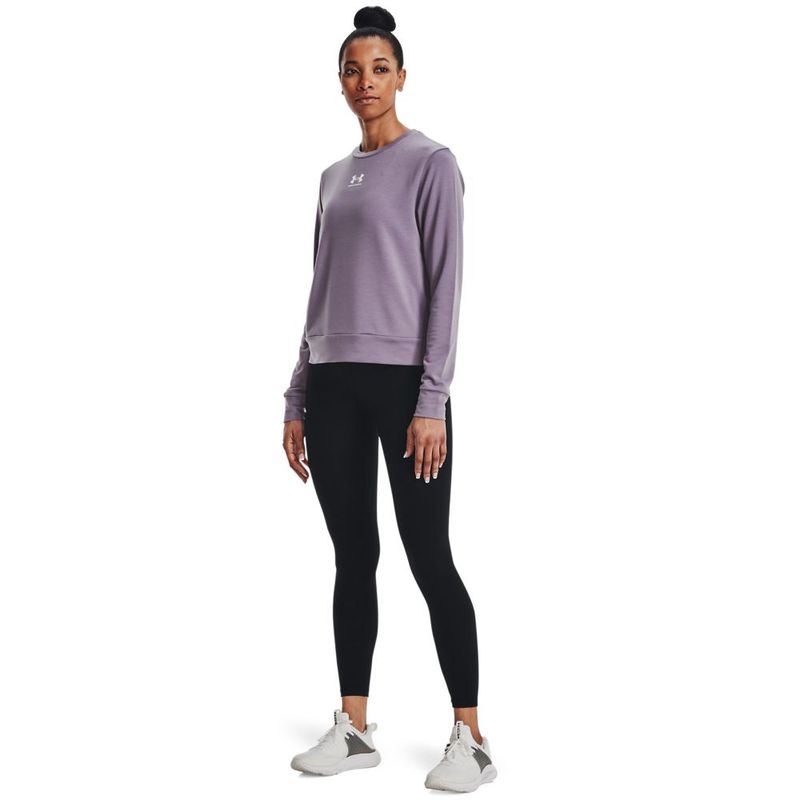 Camiseta-Manga-Larga-under-armour-para-mujer-Rival-Terry-Crew-para-entrenamiento-color-morado.-Outfit-Completo