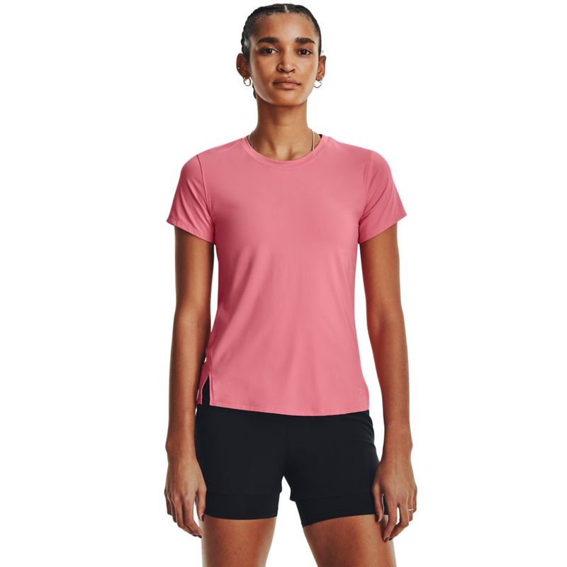 Camiseta-Manga-Corta-under-armour-para-mujer-Ua-Iso-para-correr-color-rosado.-Frente-Sobre-Modelo