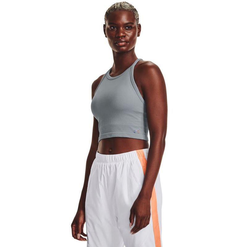Top-under-armour-para-mujer-Rush-Seamless-Tank-para-entrenamiento-color-azul.-Frente-Sobre-Modelo