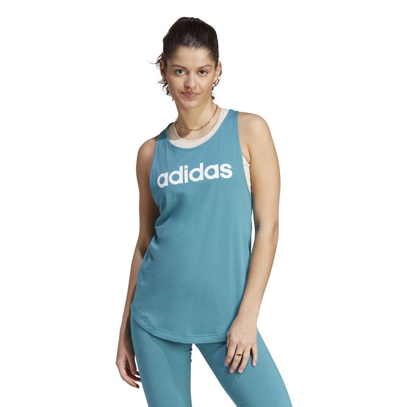 Camiseta-Manga-Sisa-adidas-para-mujer-W-Lin-Tk-para-moda-color-azul.-Frente-Sobre-Modelo