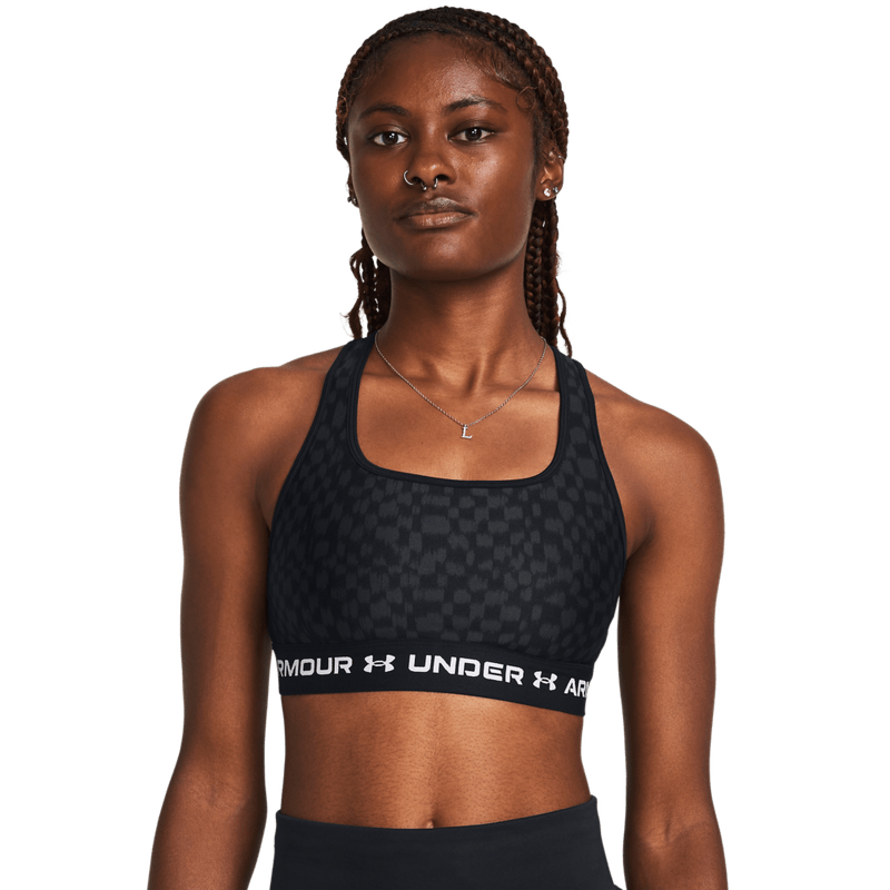 Top-under-armour-para-mujer-Crossback-Mid-Print-para-entrenamiento-color-negro.-Frente-Sobre-Modelo