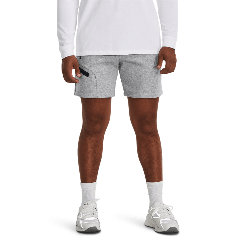 Pantaloneta-under-armour-para-hombre-Ua-Unstoppable-Flc-Shorts-para-entrenamiento-color-gris.-Frente-Sobre-Modelo