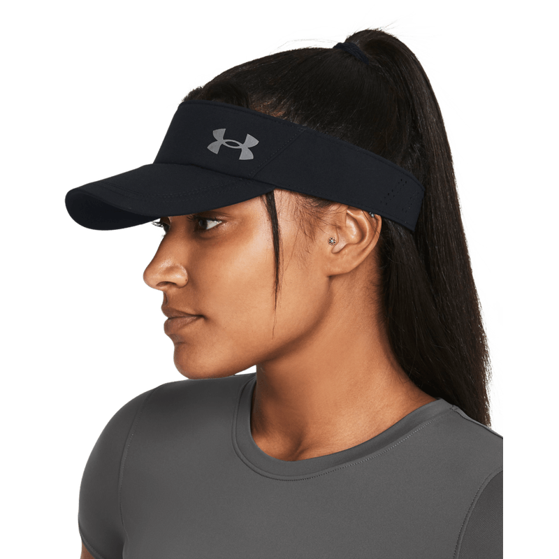 Visera-under-armour-para-mujer-W-Iso-Chill-Launch-Visor-para-correr-color-negro.-Frente-Sobre-Modelo