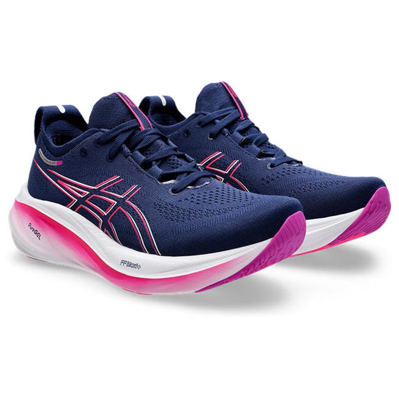Tenis-asics-para-mujer-Gel-Nimbus-26-para-correr-color-azul.-Par-Alineados